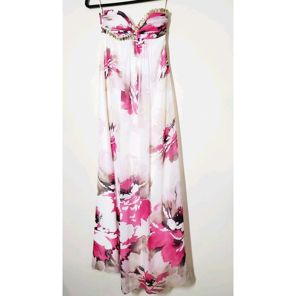 VTG Cache Dress Womens 0 Floral Print Evening Gown Prom Formal Strapless White - Picture 11 of 11